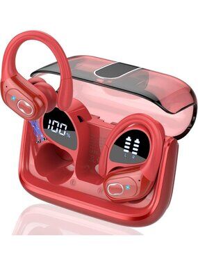 Wireless Red Earbuds 75hrs Bluetooth 5.4 Stereo Deep Bass Earhooks ENC Noise